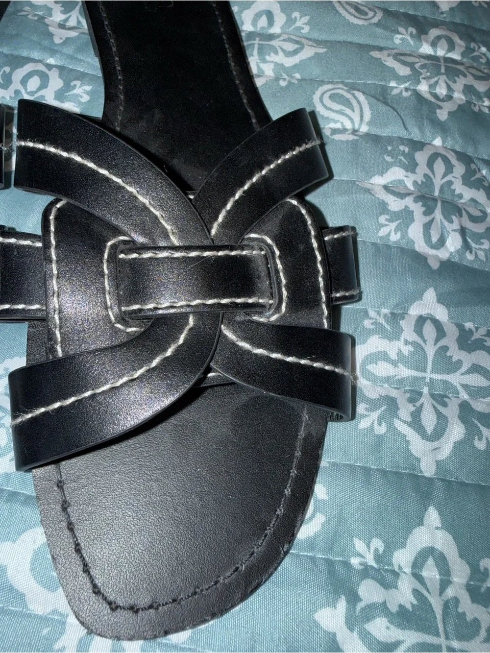 Black Womens Slide Sandals with Woven Straps